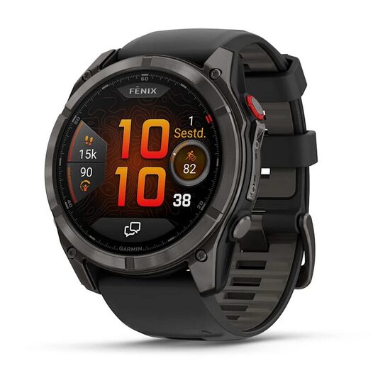 fēnix® 8 Pro – 51 mm, AMOLED  Sapphire, Ogles pelēks DLC titāna pārklājums ar silikona siksniņu melnā / maigi pelēkā krāsā