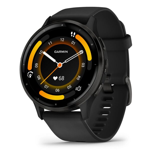 Garmin Venu 3  Zilganpelēks nerūsējošā tērauda ietvars ar melnu korpusu un silikona pulksteņa siksniņu